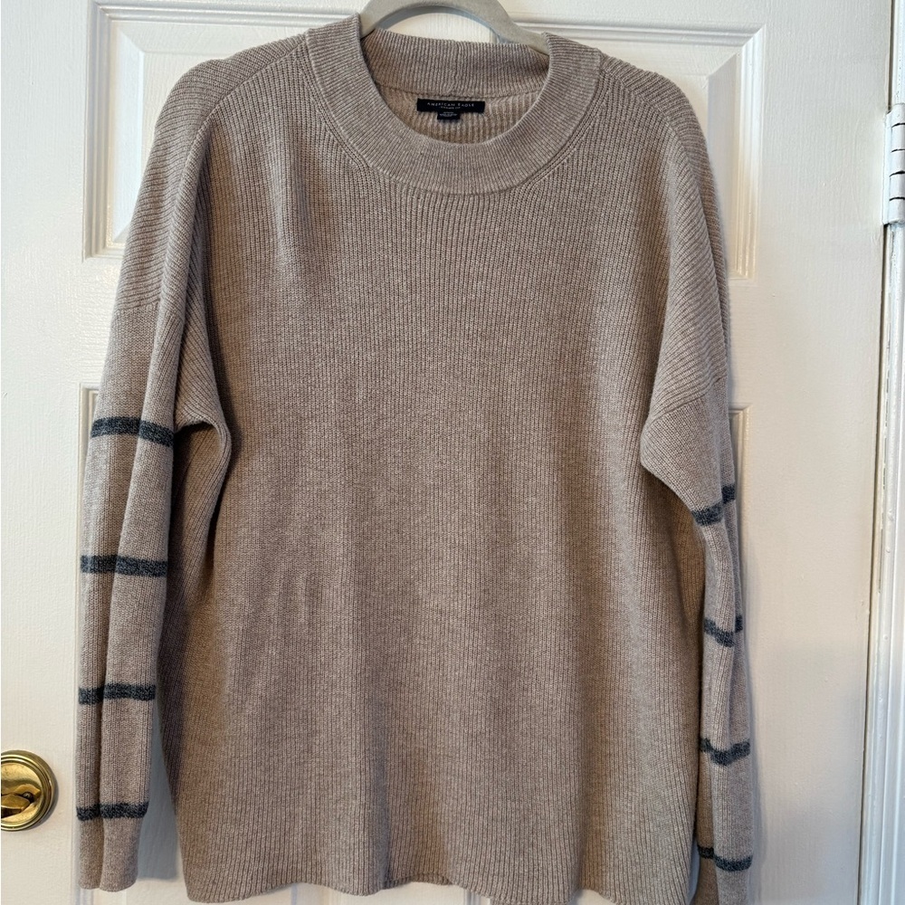 American Eagle Outfitters Women's Taupe Sweater with Black Stripes - Picture 1 of 7